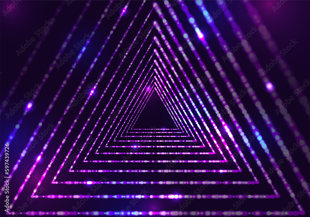 Naklejka premium Triangle portal with light effects. Neon particles tunnel. Abstract technology background. Vector illustration.