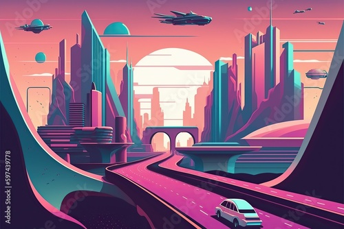 Digital art illustration background of futuristic city Mars space landscape with spaceship and planets