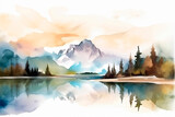 generative ai illustration of beautiful landscape with mountains and lakes in watercolor, aquarelle look