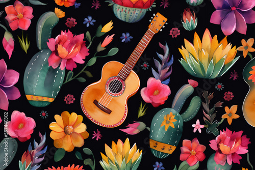 pattern Cinco de Mayo, watercolor drawing, guitar, cactus with flowers, black background, generative AI