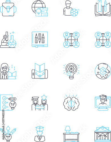 Pedagogical significance linear icons set. Instruction, Curriculum, Learning, Teaching, Development, Innovation, Improvement line vector and concept signs. Assessment,Engagement,Methodology outline