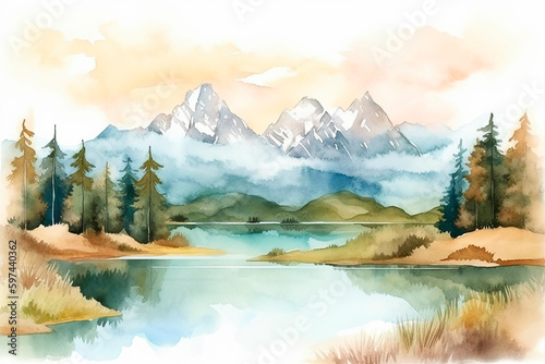 generative ai illustration of beautiful landscape with mountains and lakes in watercolor, aquarelle look