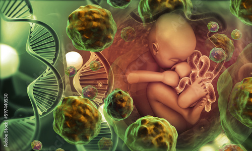Fotografia Human fetus with DNA strand. Medical concept. 3d illustration.