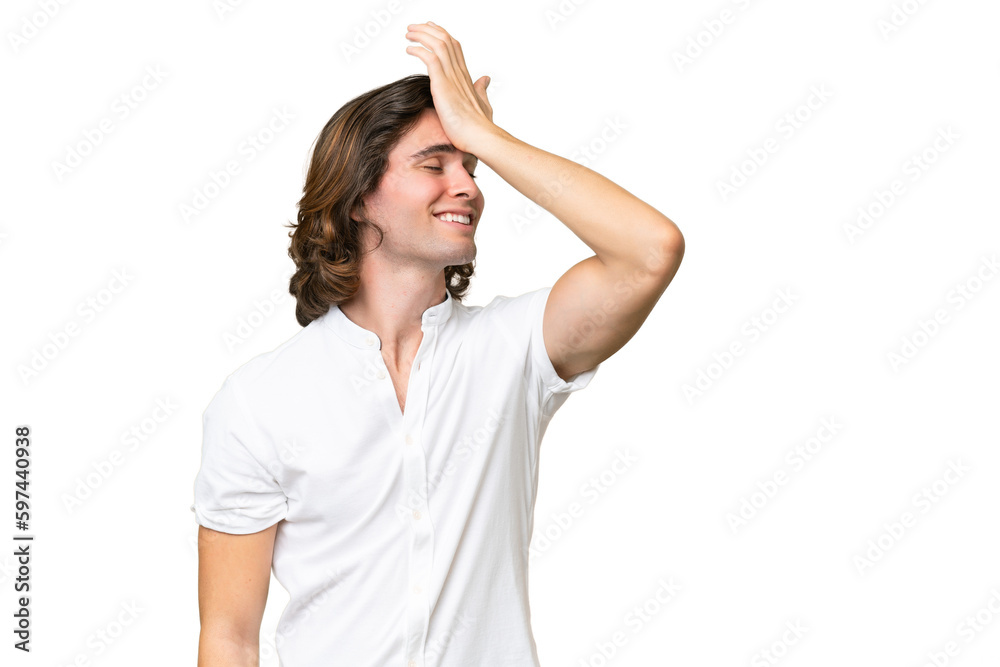 Young caucasian man isolated on green chroma background has realized something and intending the solution Young caucasian man isolated on green chroma background has realized something and intending the solution