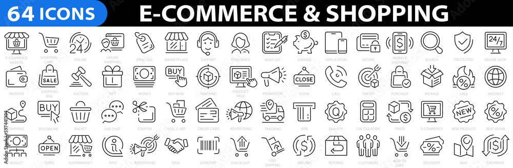 E-commerce & Shopping 64 icon set. E-commerce, online shopping, delivery, store, marketing, money, marketplace. Vector illustration.