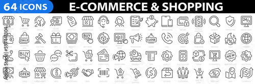 E-commerce & Shopping 64 icon set. E-commerce, online shopping, delivery, store, marketing, money, marketplace. Vector illustration.