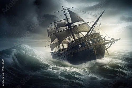 pirate ship caught in a violent storm on the high seas. Generative AI