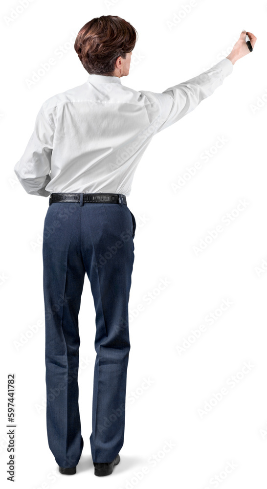 businessman standing on ladder and drawing businessman standing on ladder and drawing