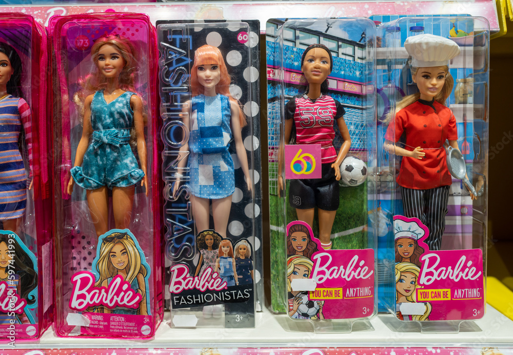 Barbie Toys for sale in the Supermarket Stand. Barbie is a fashion doll manufactured by the American company Mattel, Inc. and launched in March 1959. Minsk, Belarus, 2023 Stock Photo | Adobe Stock