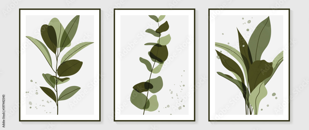 Botanical wall art vector set. Water color boho foliage line art ...