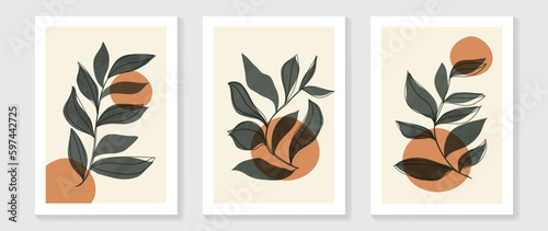 Botanical wall art vector set. Water color boho foliage line art drawing with abstract shape. Abstract Plant Art design for print, cover, wallpaper, Minimal and natural wall art.
