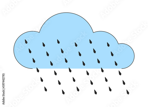 Cloud with rain drops flat line color vector object. Rainy day. Water droplets. Editable lineart icon on white. Simple outline cartoon style spot illustration for web graphic design and animation