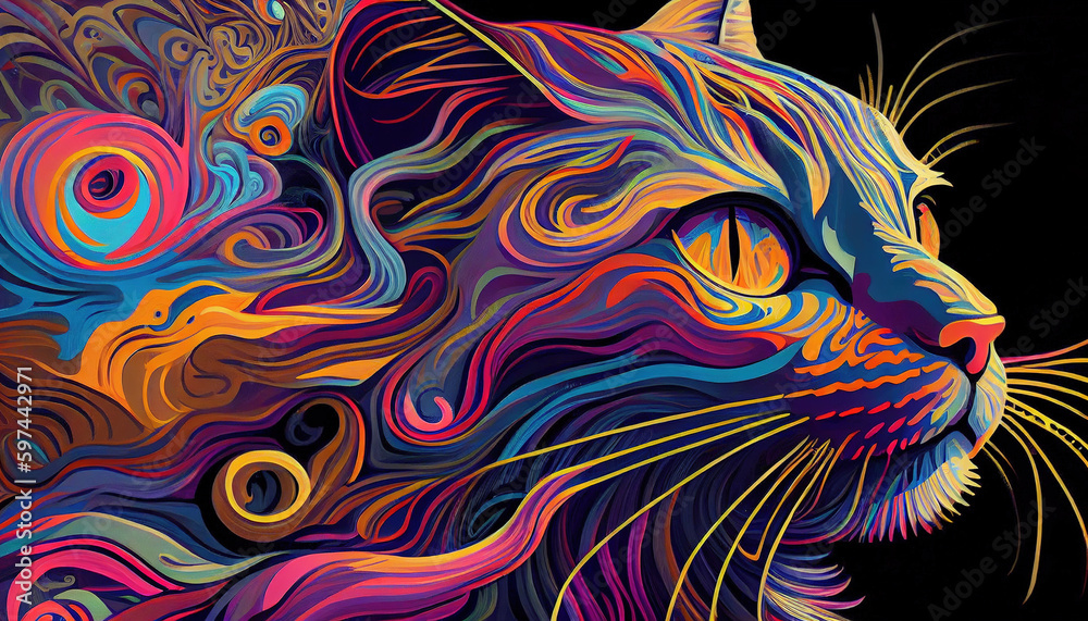 Psychedelic cat illustration. Colorful background. Hippie texture. Generative AI.