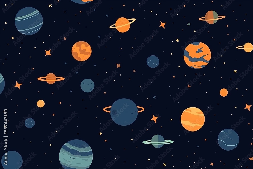 simple seamless planets and stars, simple field background, isometric, bright vector, themed pattern, seamless pattern with planets and stars, seamless pattern with planets, Generative AI 