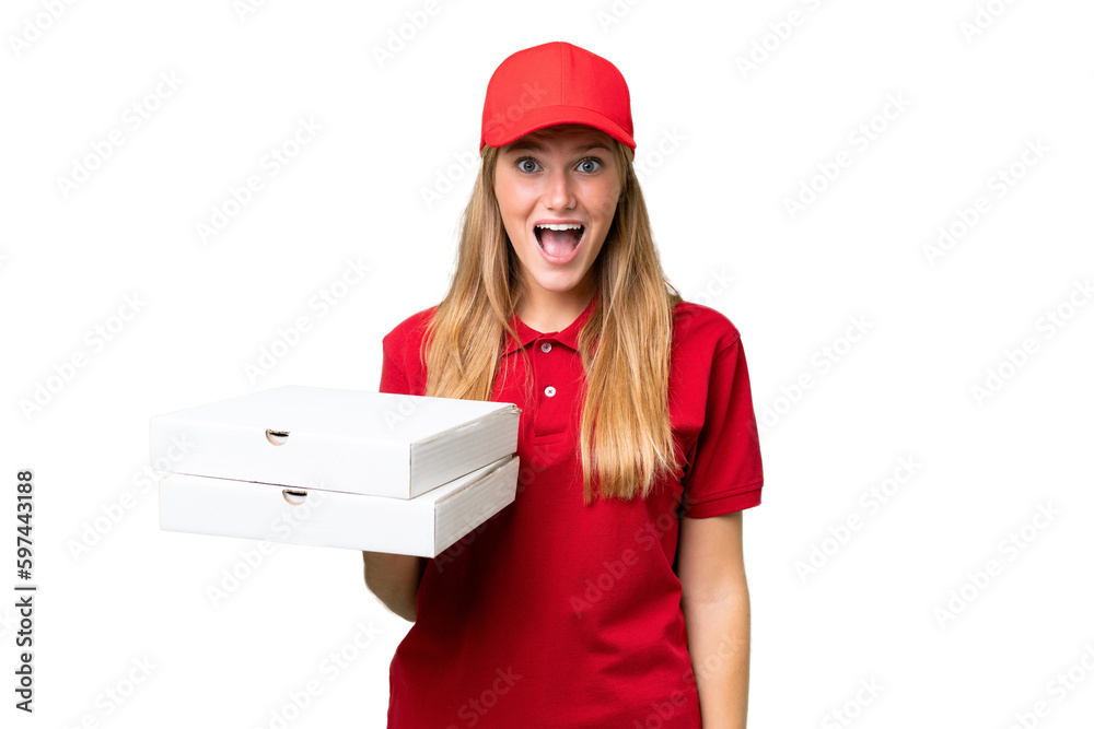 Young caucasian pizza delivery woman with work uniform picking up pizza boxes over isolated background with surprise facial expression Young caucasian pizza delivery woman with work uniform picking up pizza boxes over isolated background with surprise facial expression