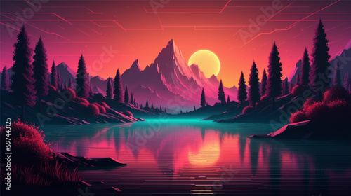 Synthwave and retrowave landscape background with mountains, trees silhouettes and lake. Generative AI.