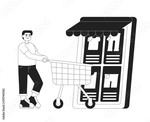Online clothing store monochrome concept vector spot illustration. Editable 2D flat bw cartoon character for web UI design. Man with trolley cart purchasing clothes on phone hand drawn hero image