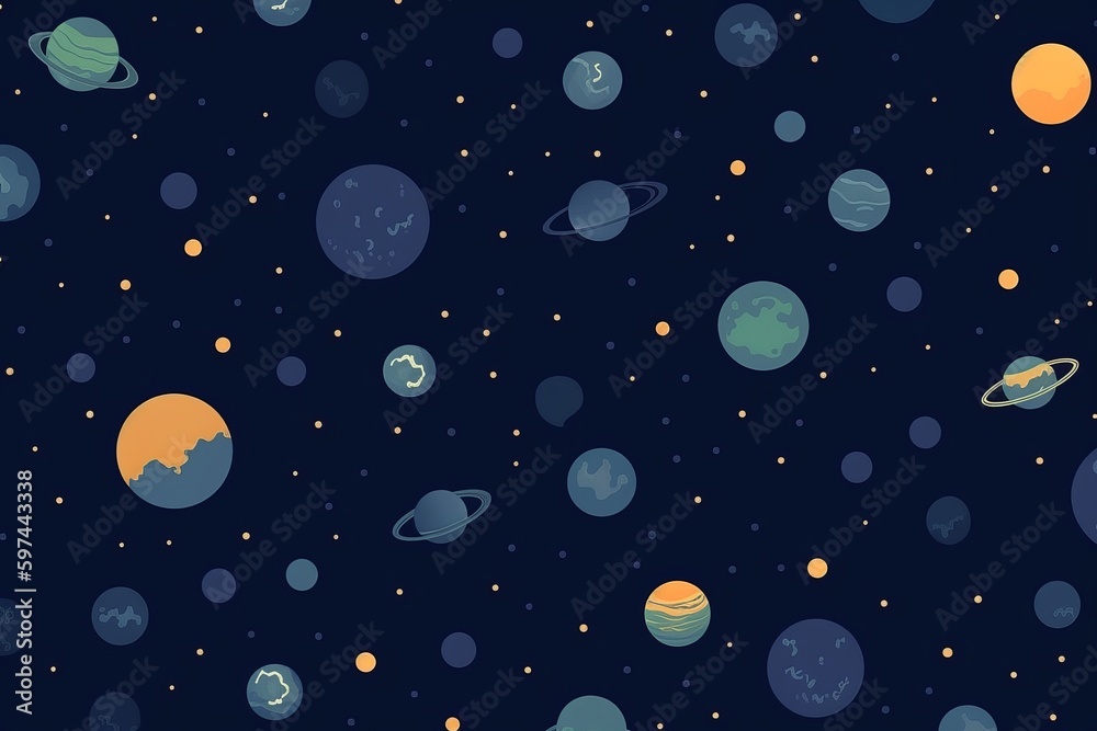 simple seamless Beautiful and eye catchy colour planets and stars, simple field background, isometric, bright vector, Dark blue background, themed pattern, Generative AI