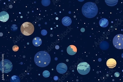 simple seamless Beautiful and eye catchy colour planets and stars  simple field background  isometric  bright vector  Dark blue background  themed pattern  Generative AI