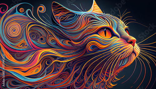Psychedelic cat illustration. Colorful background. Hippie texture. Generative AI.