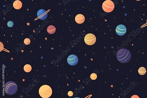 simple seamless planets and stars, simple field background, isometric, bright vector, themed pattern, seamless pattern with planets and stars, seamless pattern with planets, Generative AI © Ameer