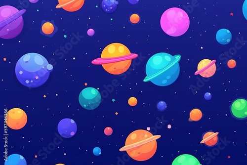 Seamless patterns of planets and stars, cosmic design, repeating patterns design, fabric art, flat illustration, rainbow-core, highly detailed clean, vector image, Generative AI