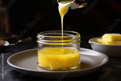Ghee or clarified butter in jar on wooden table .AI generative. photo