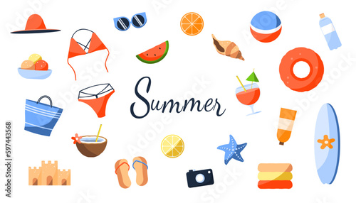 Vector set of summer elements. Beach accessories. Cocktails  swimsuit  fruit  ice cream  glasses  sunscreen  shell  swimsuit  relaxation.