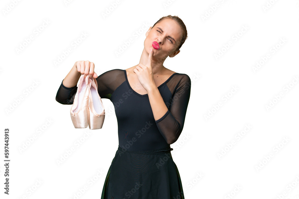 Young caucasian woman practicing ballet over isolated background having doubts while looking up Young caucasian woman practicing ballet over isolated background having doubts while looking up