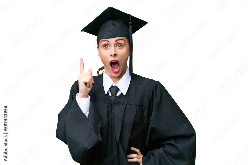 Young university graduate caucasian woman over isolated background thinking an idea pointing the finger up Young university graduate caucasian woman over isolated background thinking an idea pointing the finger up