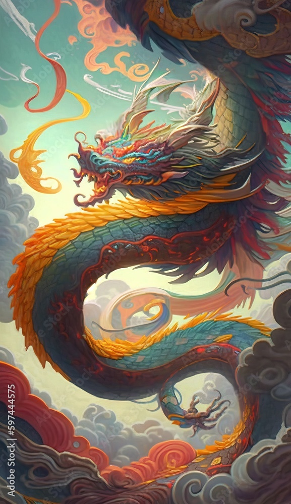 Beautiful fantasy dragons in mesmerize motion,  colorful. Fantasy creature. Generative Ai