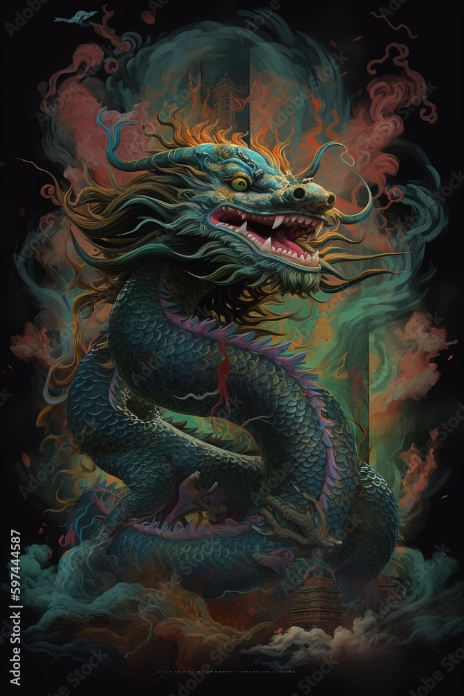 Fototapeta premium Beautiful fantasy dragons in mesmerize motion, colorful. Fantasy creature. Generative Ai