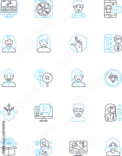 Search optimization linear icons set. Algorithm, Analytics, Backlinks, Keywords, Content, Crawl, Meta-tags line vector and concept signs. Ranking,SERP,Traffic outline illustrations