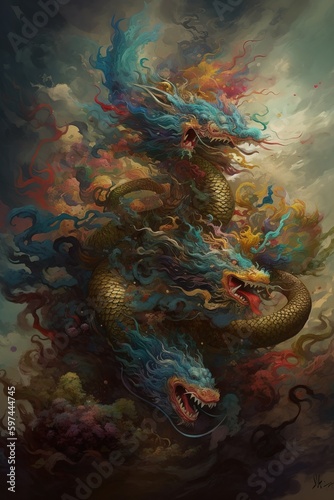 Beautiful fantasy dragons in mesmerize motion, colorful. Fantasy creature. Generative Ai