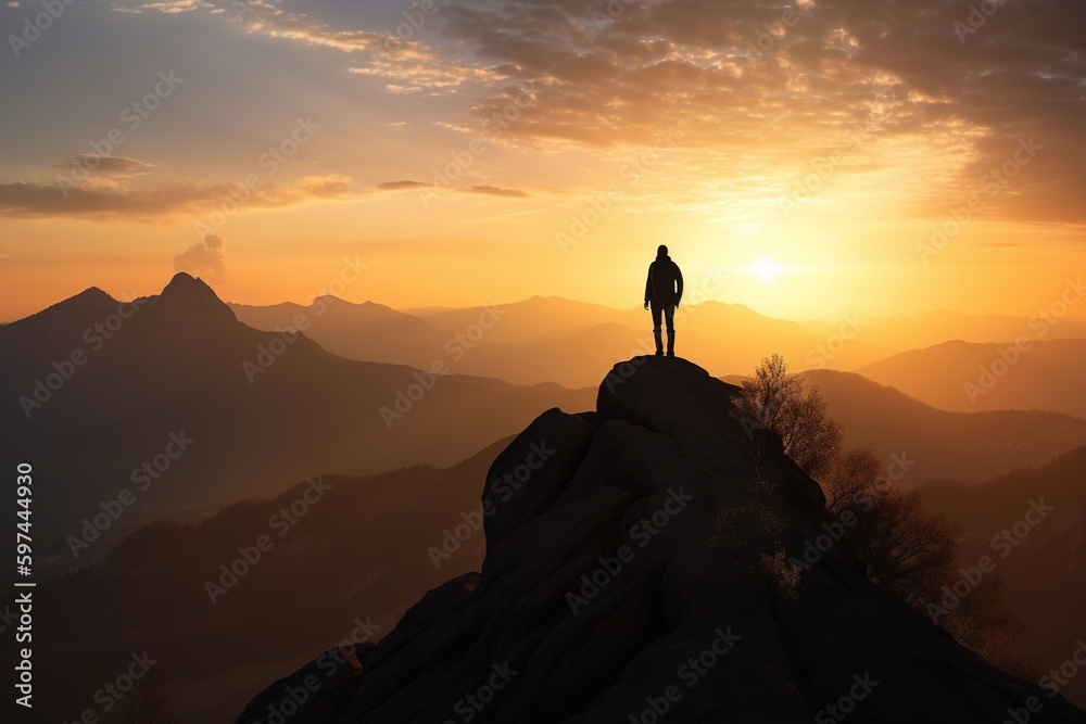 person standing on top of a mountain with a beautiful sunset