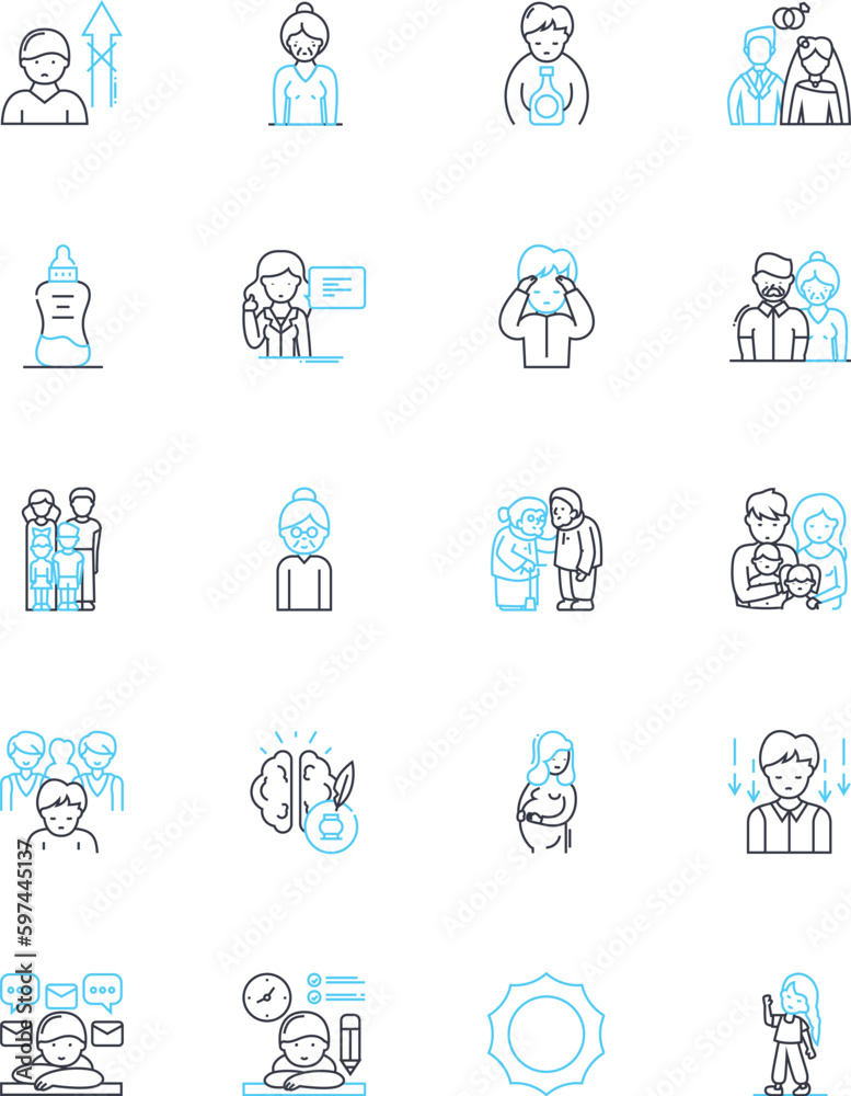 Personal growth linear icons set. Evolution, Development, Transformation, Progress, Resilience, Self-awareness, Empowerment line vector and concept signs. Enlightenment,Motivation,Perseverance outline