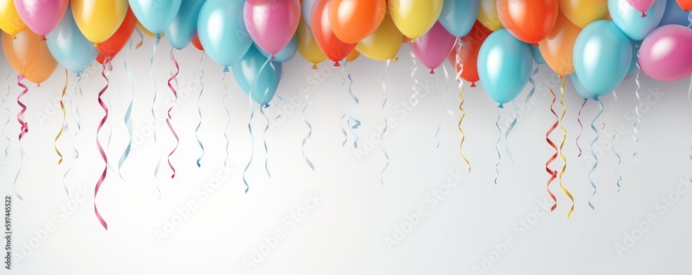 Balloons on Strings on White Background, AI Gemerative - obrazy, fototapety, plakaty 