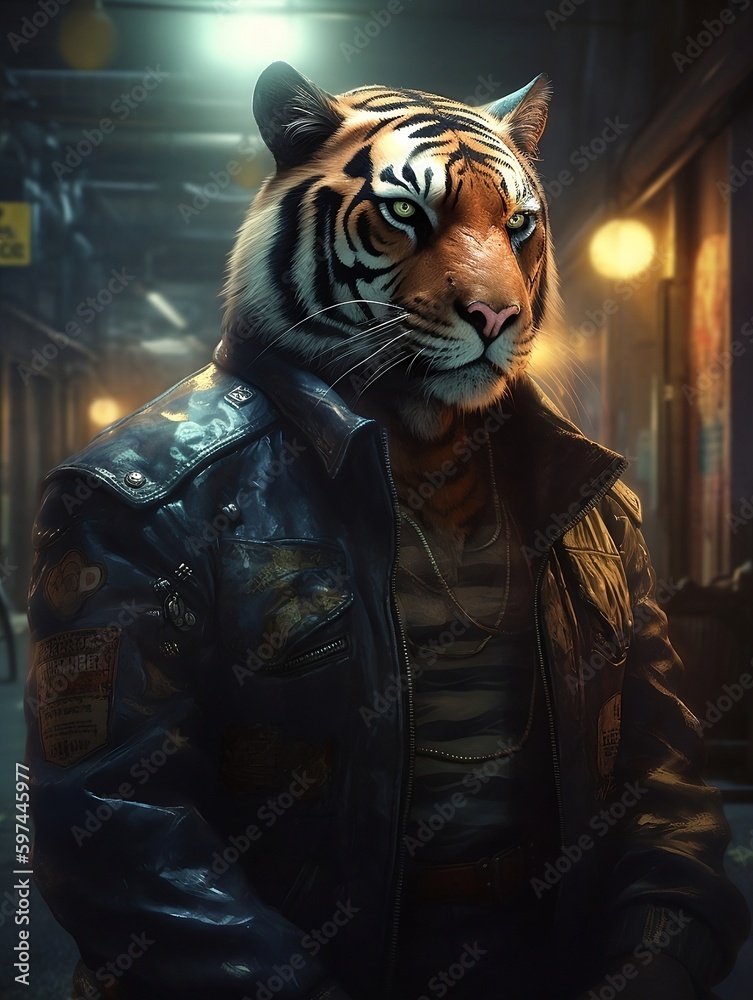 Strong tiger living in cyberpunk city, tiger head, wearing big leather  jacket, frightening, full body, grumpy face. Generative AI. Stock  Illustration | Adobe Stock
