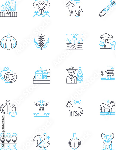 Livestock management linear icons set. Grazing, Herding, Vaccination, Breeding, Culling, Milk production, Fodder line vector and concept signs. Reproduction,Heat stress,Pasture outline illustrations