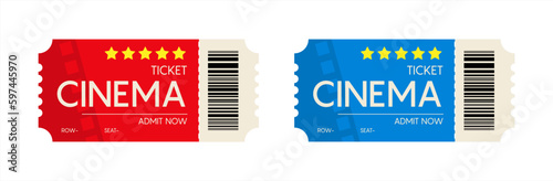 Cinema ticket isolated on white background. Realistic cinema or movie ticket template. Vector icons set.
