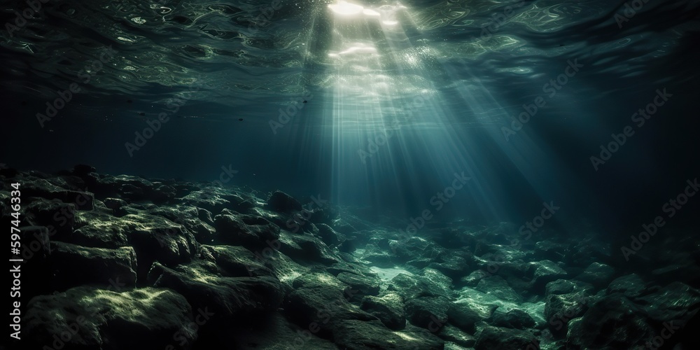 Obraz premium AI Generated. AI Generative. Photo of under sea ocean world. Marine Nautical with darm mustic mood adventure vibe. Graphic Art Illustration.