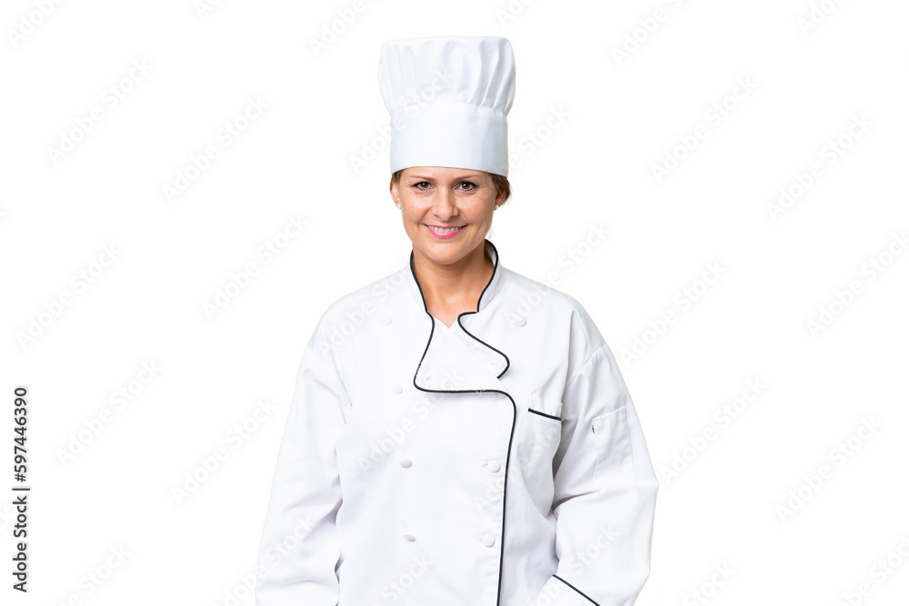 Middle-aged chef woman over isolated background laughing Middle-aged chef woman over isolated background laughing