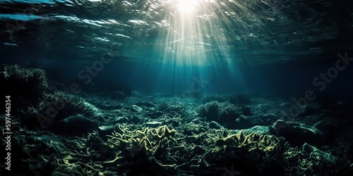 AI Generated. AI Generative. Photo of under sea ocean world. Marine Nautical with darm mustic mood adventure vibe. Graphic Art Illustration.