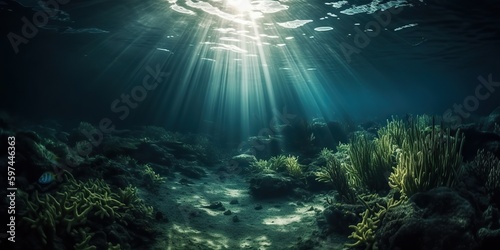 AI Generated. AI Generative. Photo of under sea ocean world. Marine Nautical with darm mustic mood adventure vibe. Graphic Art Illustration.