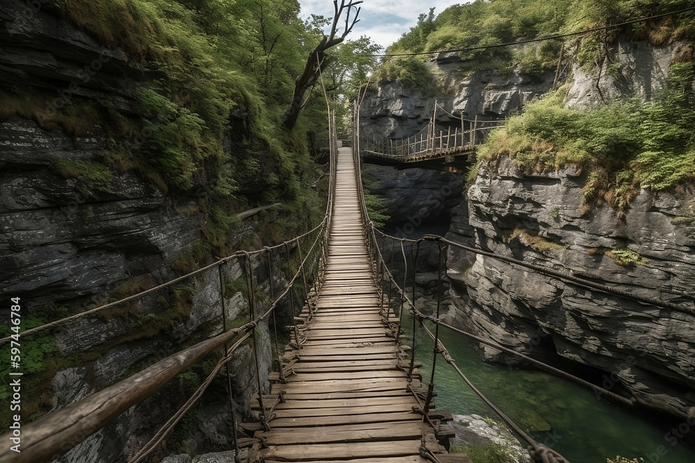 Wooden Bridge Suspended Over a River Generative AI Wooden Bridge Suspended Over a River Generative AI