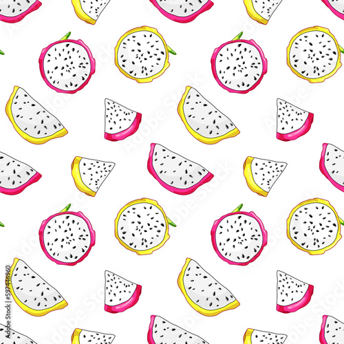 Exotic slices of dragon fruit in two colors. Yellow pitaya wallpaper. Tropical pink pitahaya seamless pattern. Exotic food background