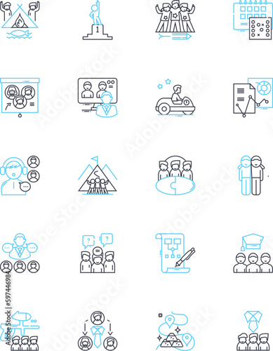 Employee engagement linear icons set. Motivation, Involvement, Commitment, Satisfaction, Empowerment, Recognition, Trust line vector and concept signs. Generative AI