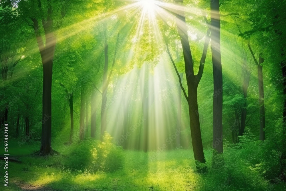Obraz premium lush green forest with tall trees and a stream running through it. Generative AI