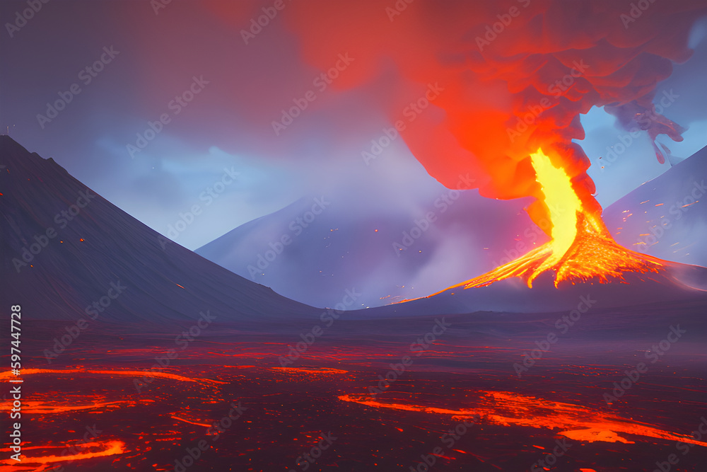 Volcanic eruption and flowing lava, Generative Ai.