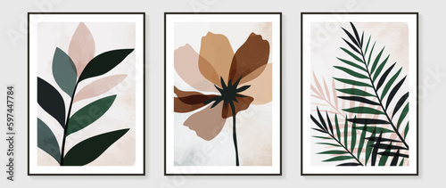 Botanical wall art vector set. Water color boho foliage line art drawing with abstract shape. Abstract Plant Art design for print, cover, wallpaper, Minimal and natural wall art. 